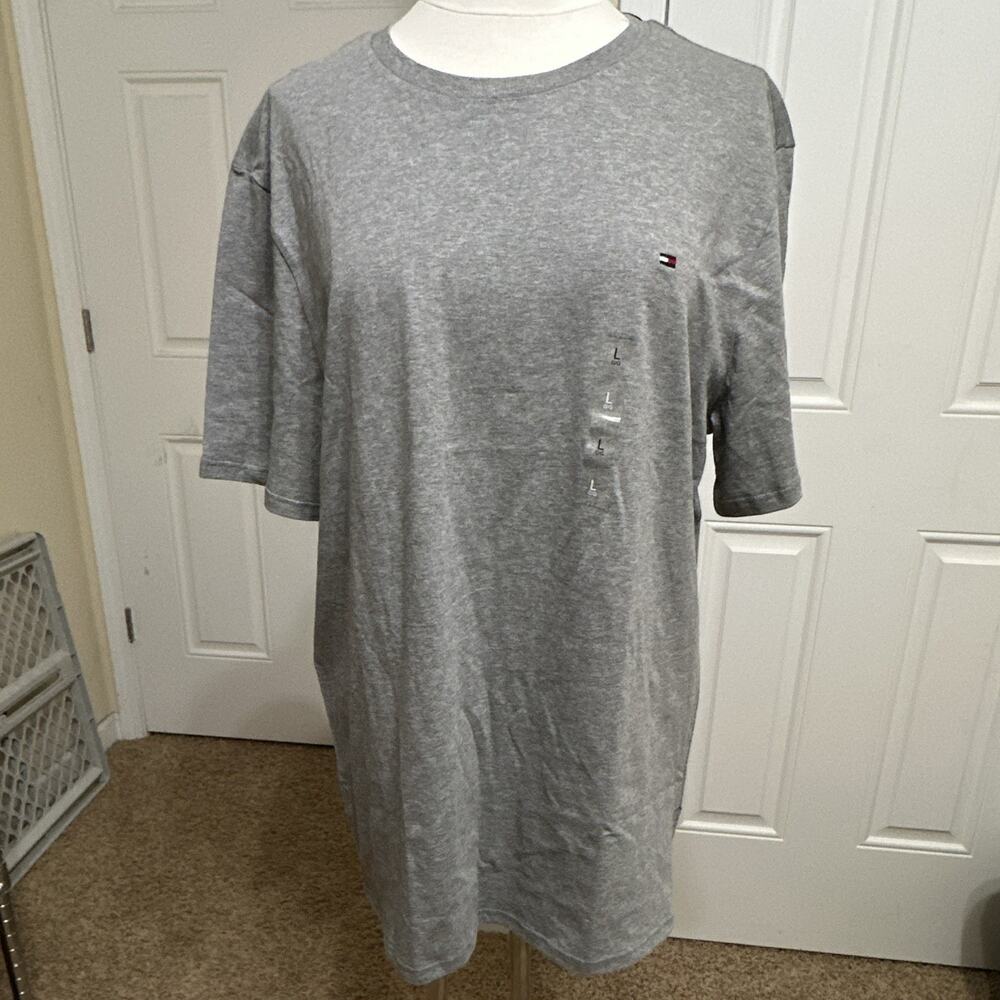 Tommy Hilfiger Mens L Gray Solid Logo Crew Neck Short Sleeve Cotton Jersey Tee